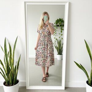 Anna Melani Italy 100% Linen Leopard Floral Button Up MIDI Dress Size Large